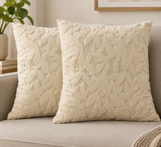 Textured Botanical Leaf Poly Jacquard Cushion Cover - 20x20 Cream 2 pc